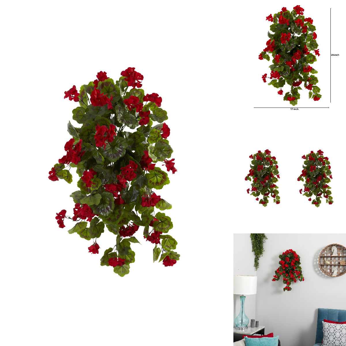 Nearly Natural 29In. Uv Resistant Geranium Artificial Hanging Plant Red Flowers gallery