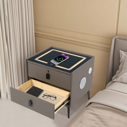 Dark Grey 2-Drawer Nightstand Fingerprint Lock Qi Charging Bluetooth Speaker gallery