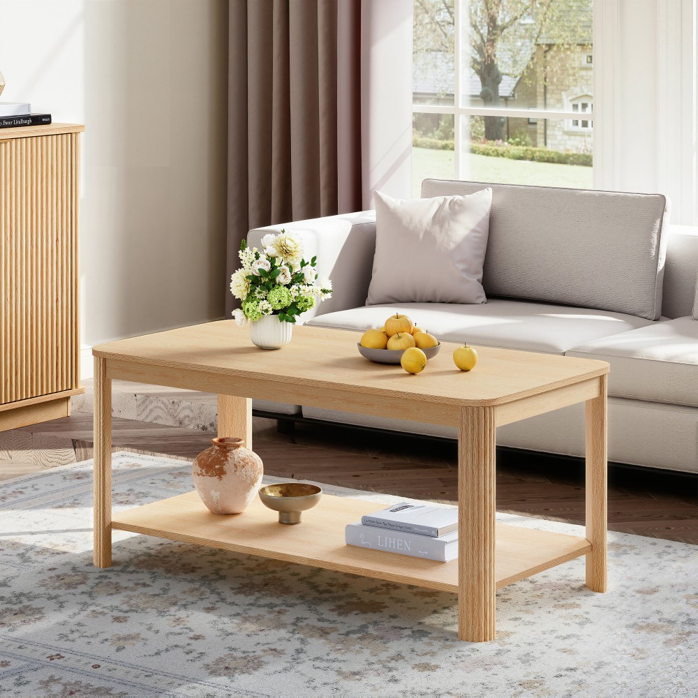 Arc Corner Wood Coffee Table with Storage Shelf – Vertical Wave Grain Legs, Ligh gallery