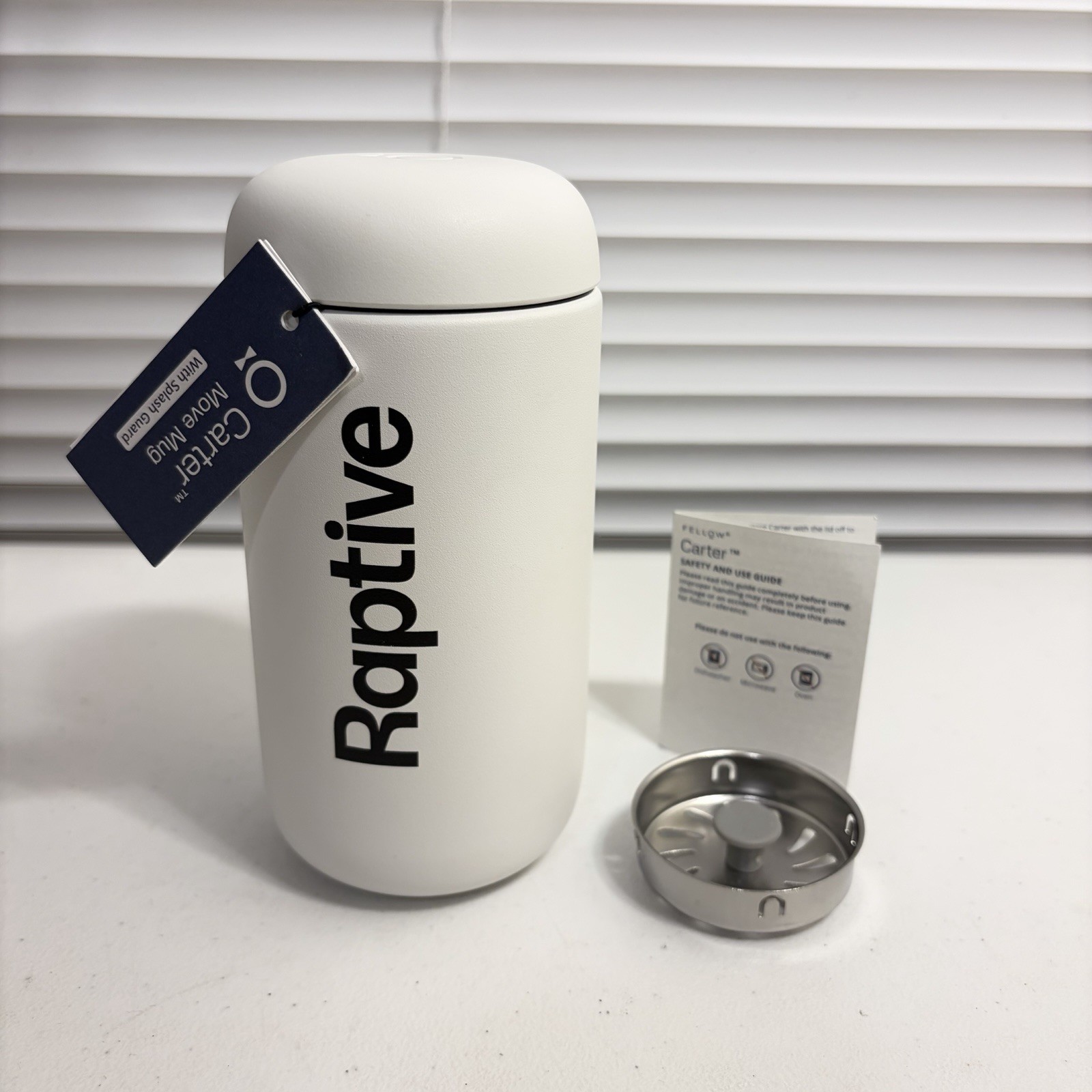 Fellow 12 oz Carter Move Travel Mug with Splash Guard Matte White Raptive Logo gallery