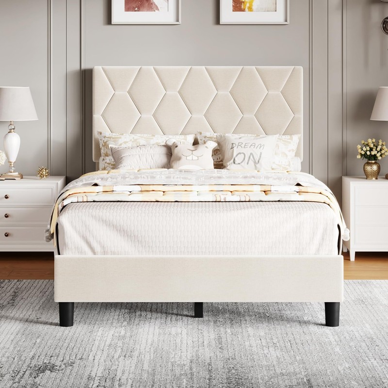 Twin/Full/Queen Size Bed Frame Platform with Upholstered Headboard & Wooden Slat gallery