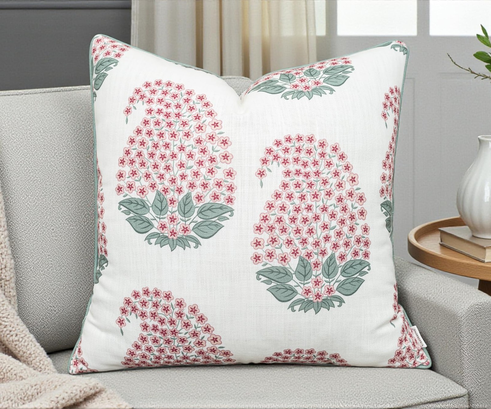 Indian Block Print 20x20 Inch Throw Pillow Cover - Pink Sage Floral Buti Moti... gallery