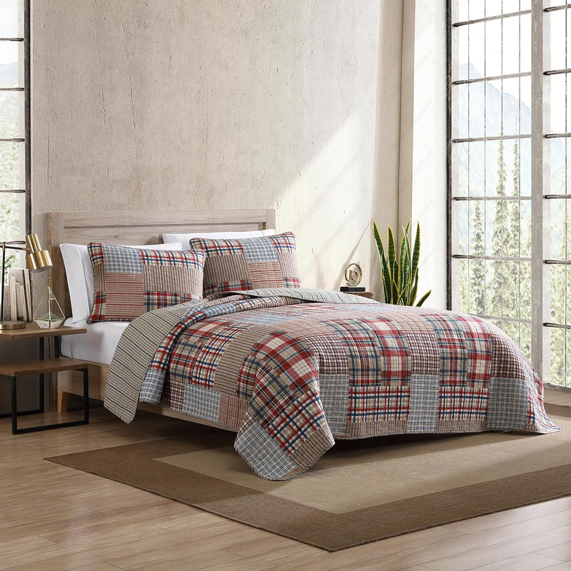 King Quilt Set Reversible Cotton Bedding Patchwork Shams Rustic Brown Indigo3pc gallery
