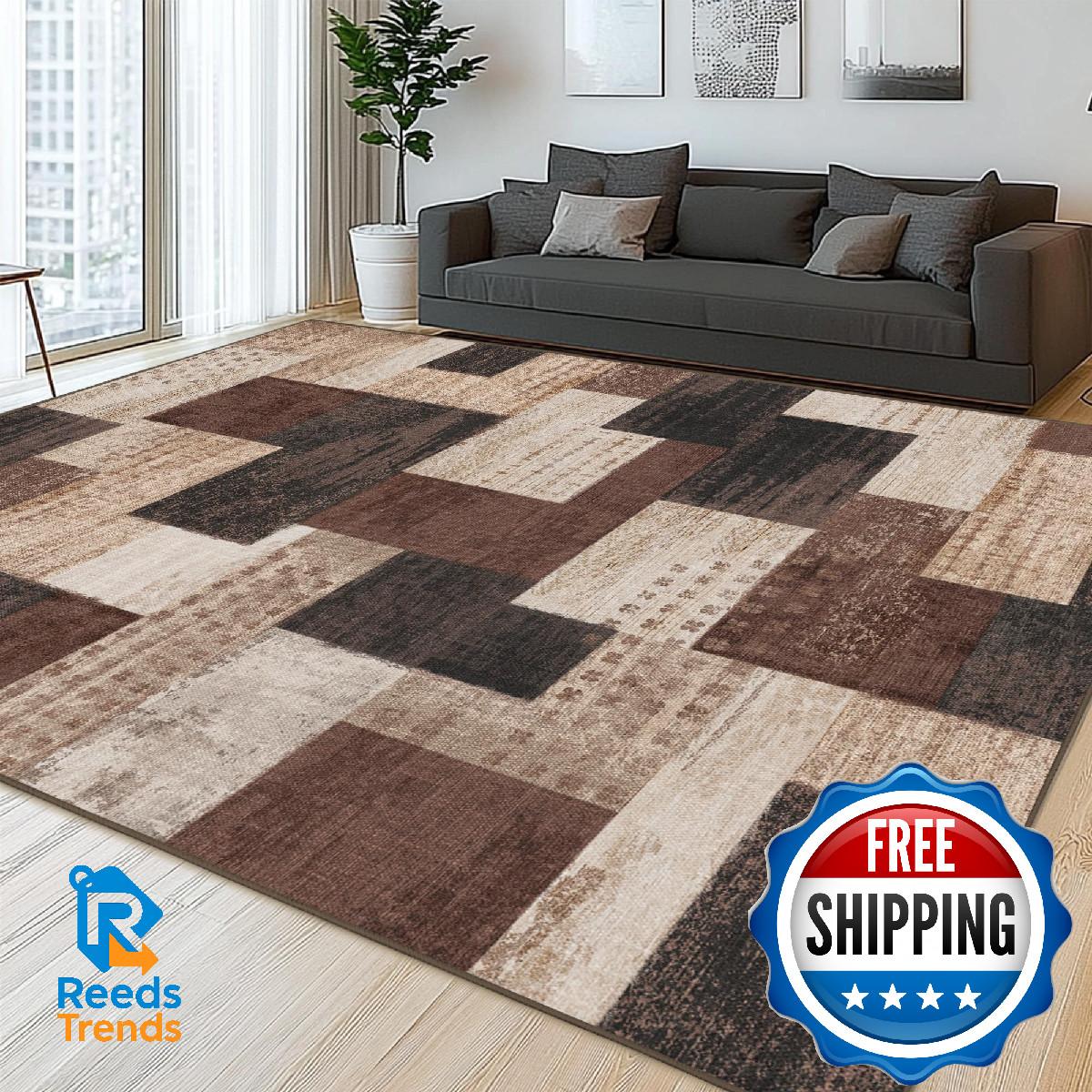 QDUIDU Modern Geometric Patchwork Indoor Area Rug for Living Room, Chocolate 5'x gallery