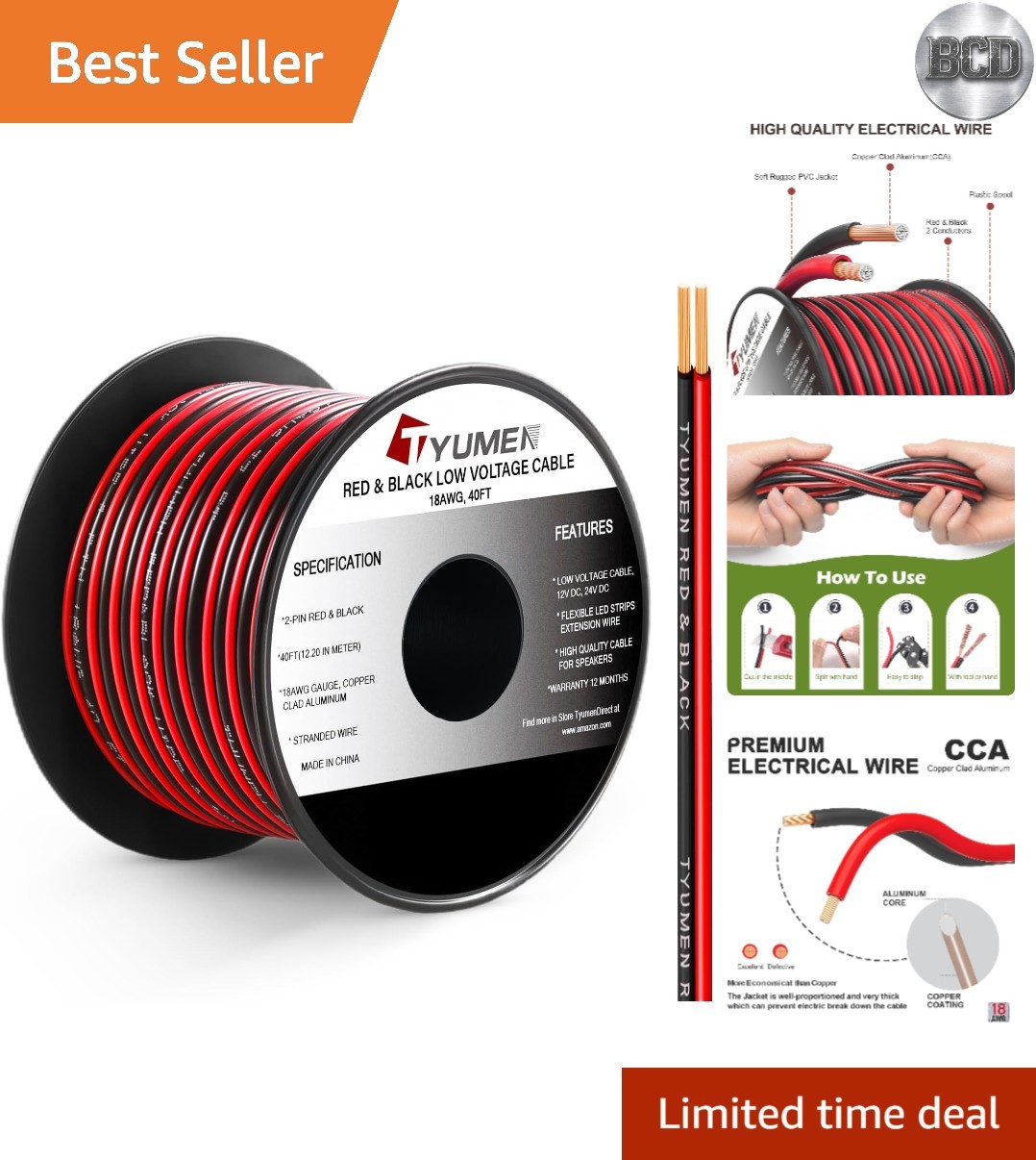 40FT 18AWG Red and Black LED Strip Extension Cable for 12V/24V DC Applications gallery