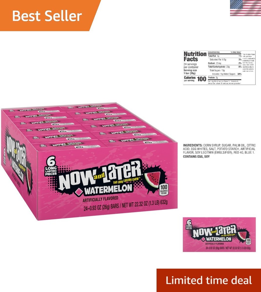 Refreshing Watermelon Chewy Candy - 24 Individually Wrapped Bars, 0.93 Oz Each