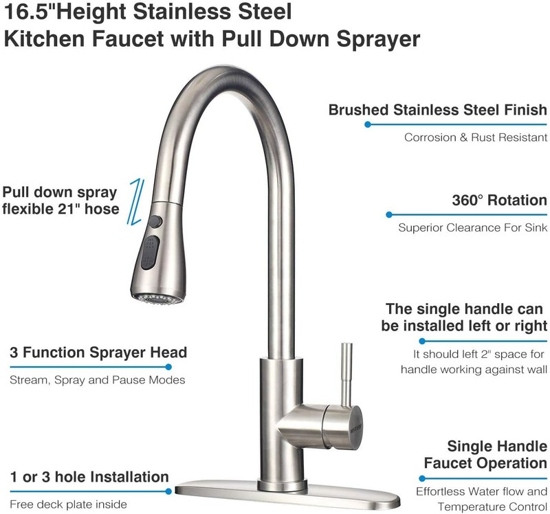 Kitchen Faucet Pull Down Sprayer Swivel Spout 3 Holes Brushed Nickel Mixer Tap gallery