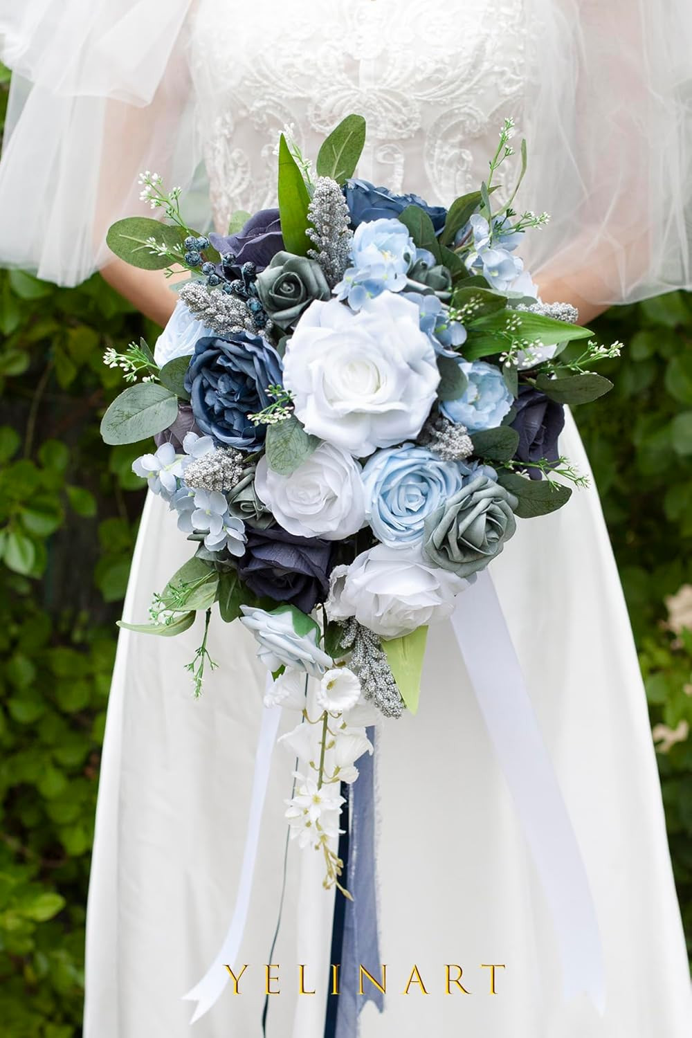 10 Inch Dusty Blue Wedding Bouquets for Bride Artificial Roses Flower Cascading gallery