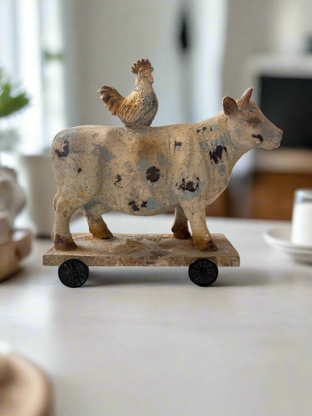 Primitive Farmhouse 10" Brown Spring Rustic Cow and Chicken On Wheels gallery