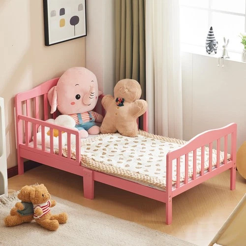 Classic Pink Toddler Bed Frame Solid Pine Wood Children's Bed w/ Rails for Girls gallery
