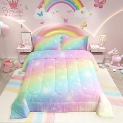 Twin Rainbow Bedding Comforter Set Tie Dye Pastel with Golden Stars 2 Piece