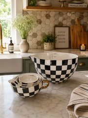 Thyme & Table Black Checkered 5-Pc Ceramic Mixing Batter Bowl Measuring Set New
