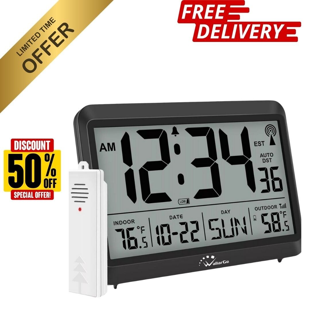 Atomic Clock With Indoor Outdoor Temperature, Self-setting Digital Wall gallery