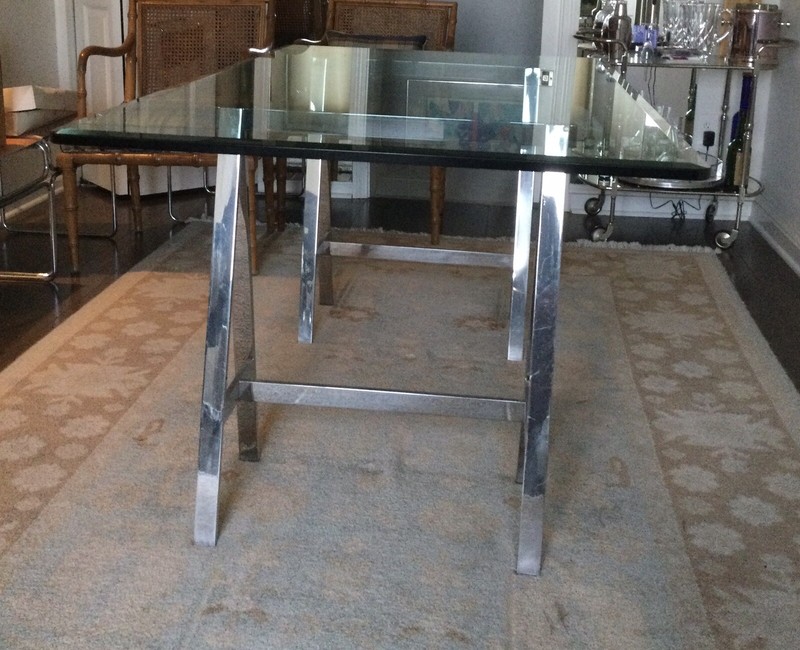 Heavy Glass Top Rectangular Dining Table. Beveled Edge. Stainless Steel Bases. gallery