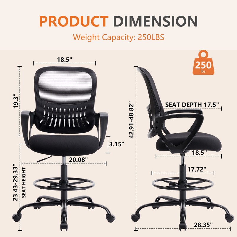 Drafting Chair Tall Desk Chairs with Footrest Ring Fixed Arms Rolling Wheels gallery