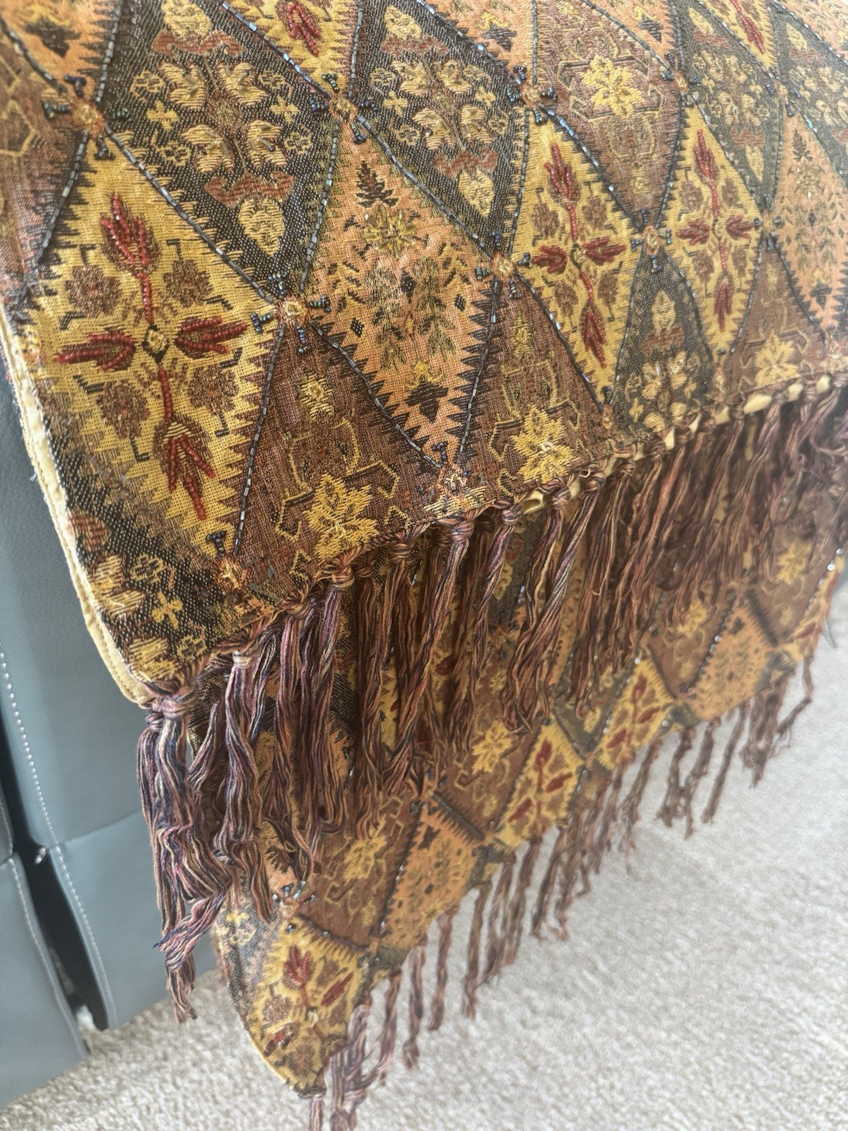 Vtg Pier 1 Tapestry Fringe Throw Blanket Boho Beaded Diamond Moroccan INDIA EUC gallery
