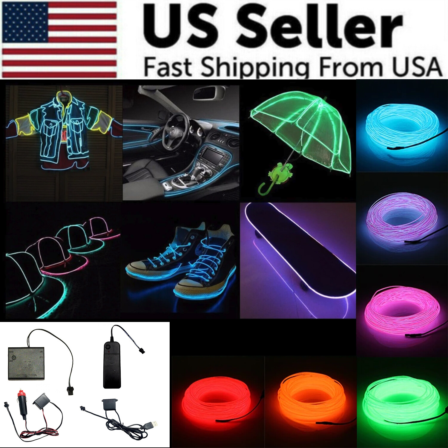 Neon LED Light Glow EL Wire String Strip Rope Tube Decor Car Party + Controller gallery