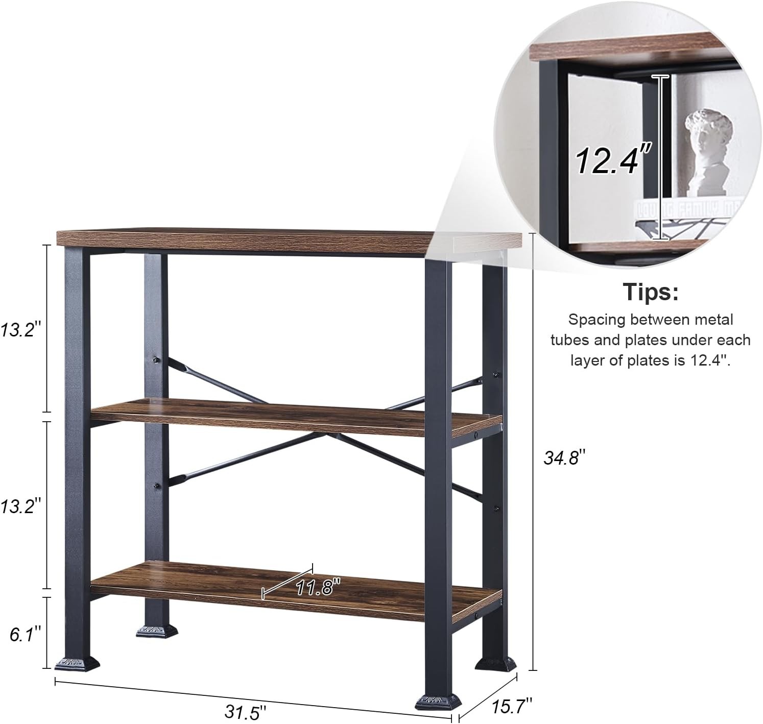 3 Tier Bookshelf Rustic Brown Industrial Book Shelf Engineered Wood & Metal Deep gallery