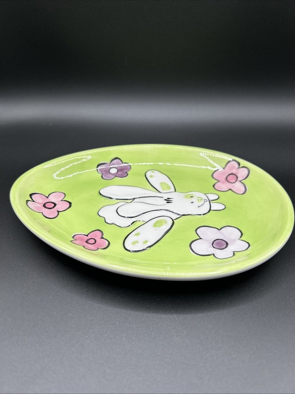 Easter-Spring Bunny/Flowers Ceramic Plate Trinket Dish Pastel Green Pink Purple gallery