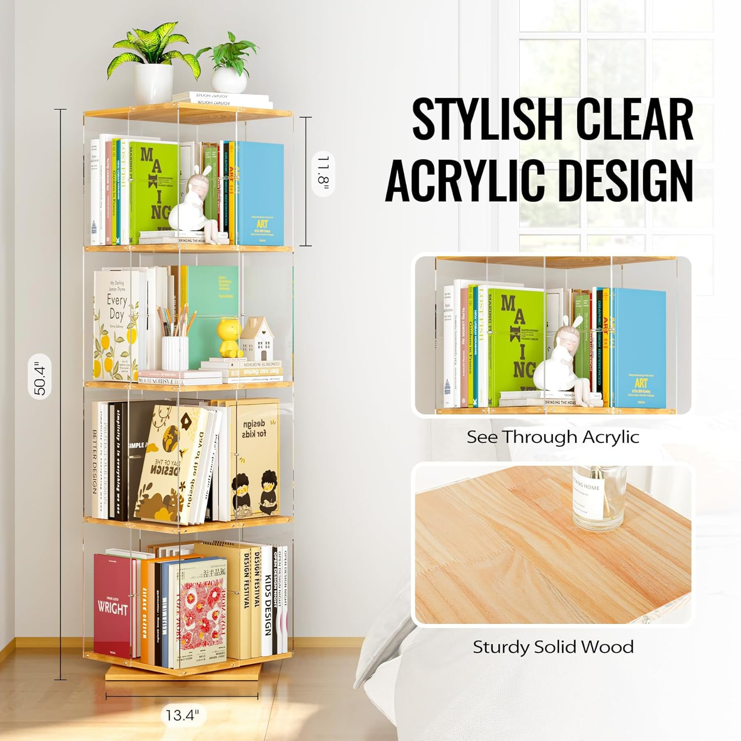 360° Rotating 4-Tier Bookshelf - Stylish Acrylic & Wood Bookcase for Kids & Home gallery