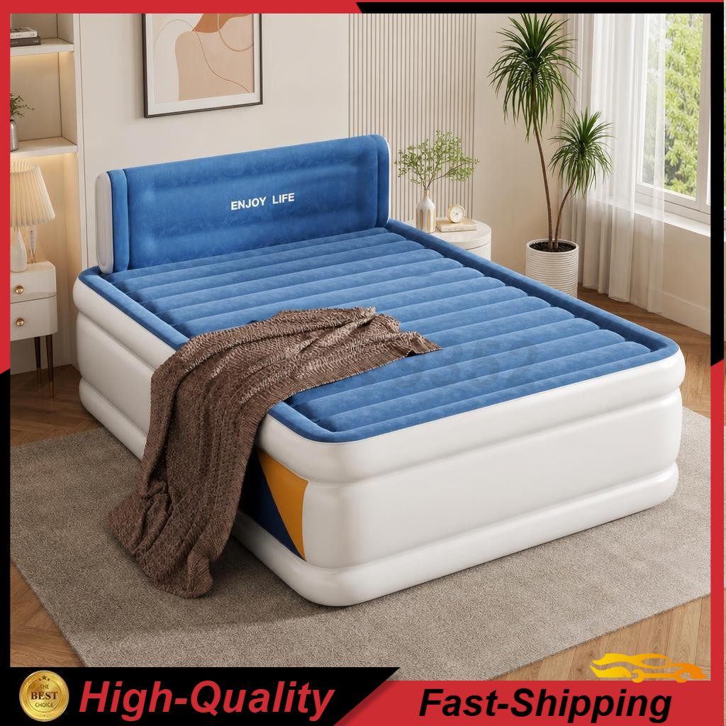 Queen Inflatable Air Bed Mattress W/ Built-in Pump Backrests Blue 203x152x36cm gallery