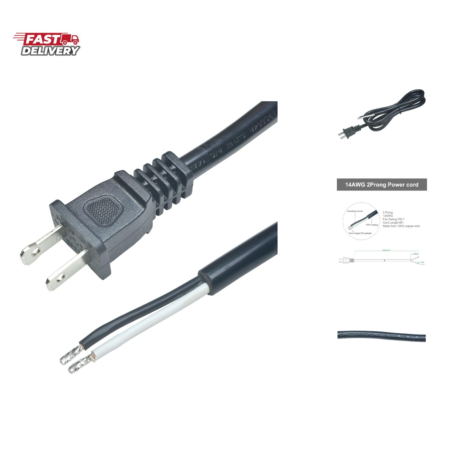 2 Prong Polarized 14 Gauge 6ft Replacement Power Cord Pigtail Tool Heavy Duty... gallery