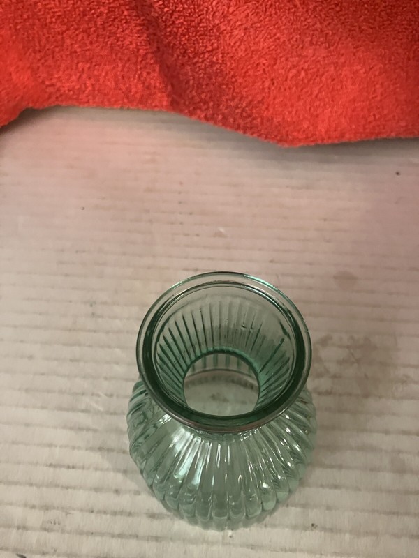 LIGHT TEAL GREEN BOTTLENECK VASE RIBBED WITH CHIFFON RIBBON 4” DWK126 gallery