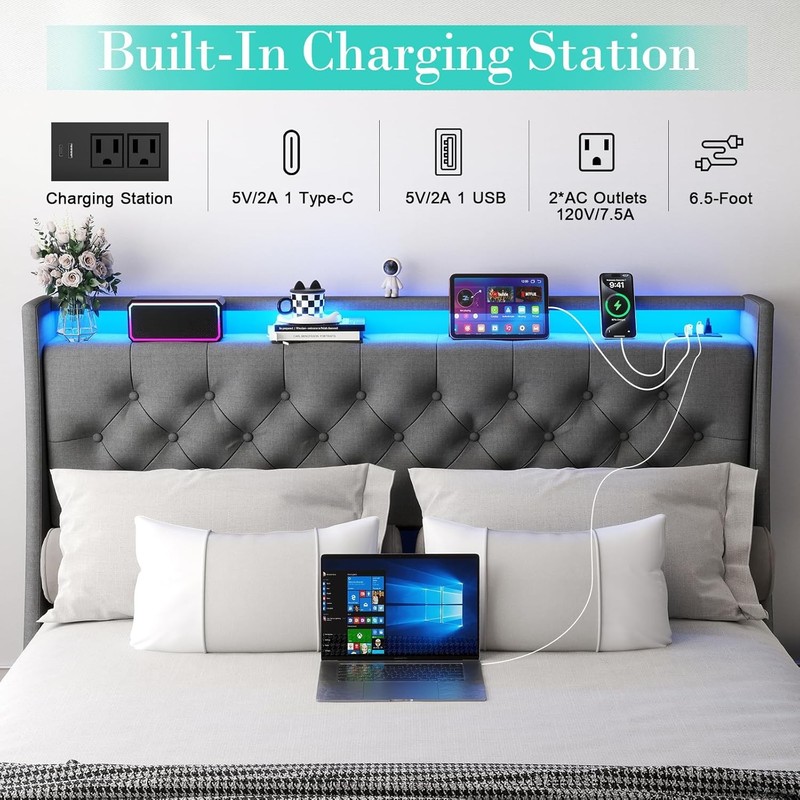 Full Queen Storage Bed Frame with LED Light,Upholstered Headboard &Charging Port gallery