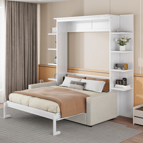 Queen Size Murphy Bed Wall Bed with Sofa Shelves and LED Lights Wood Hidden Beds gallery