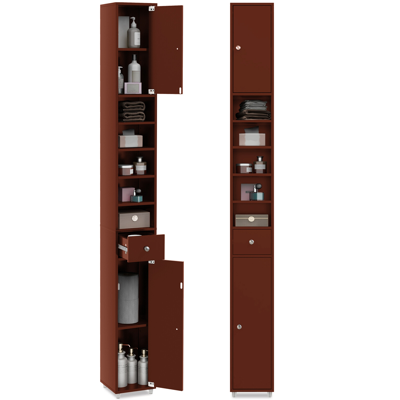 Tall Slim Bathroom Storage Cabinet Linen Tower w/ 2 Doors 1 Drawer Shelves Brown gallery