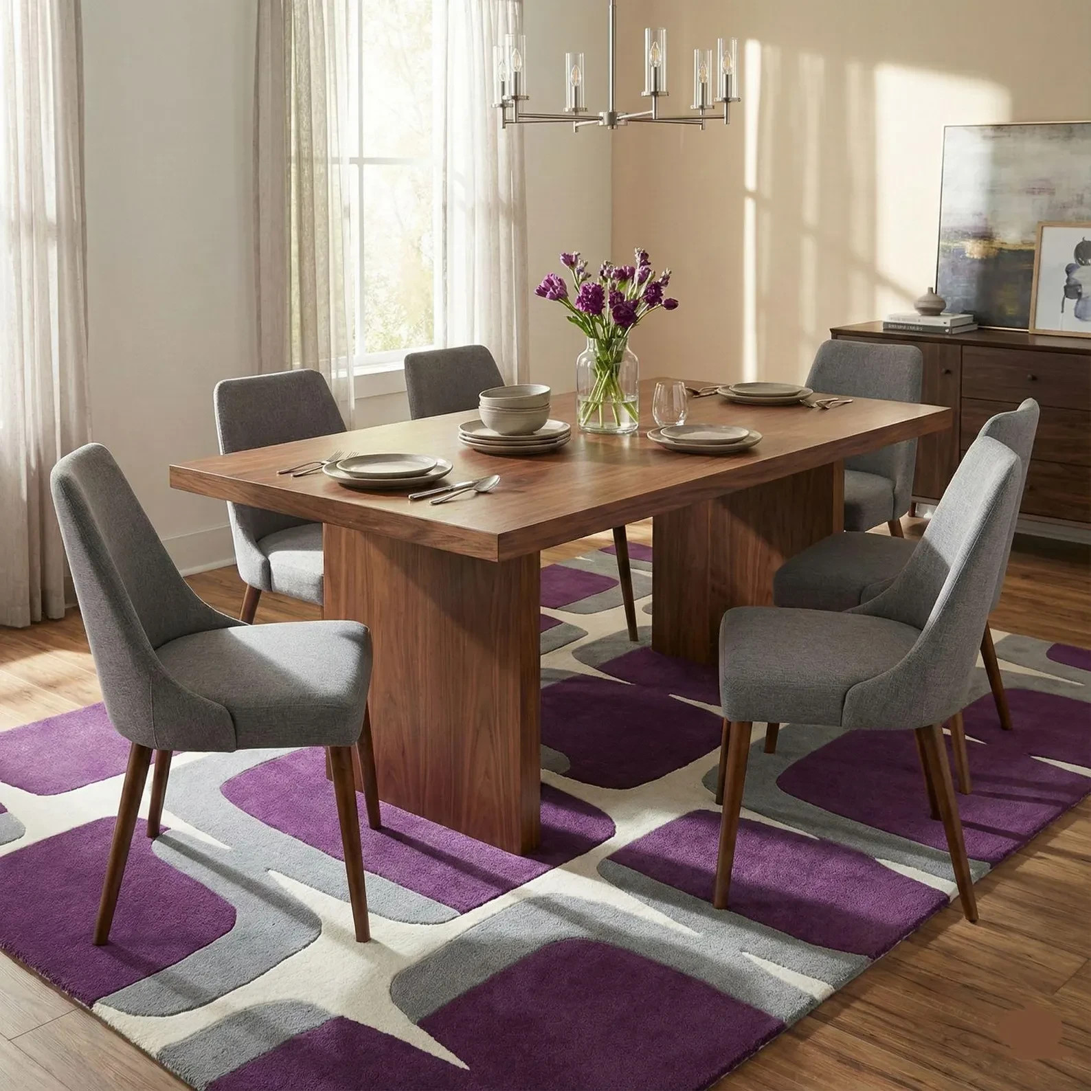 Hand Tufted Modern Geometric Rug Purple & Gray Abstract Carpet Contemporary Area gallery