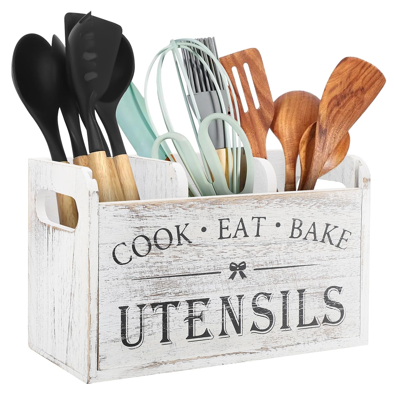 EEEKit Utensils Holder, Wooden Cooking Utensil Organizer with 3 Compartments and gallery