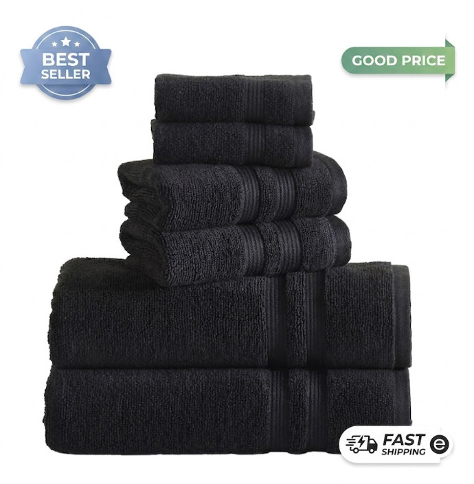 Performance Cotton 6 Piece Bath Towel Set Solid Black Quick Dry Towels gallery