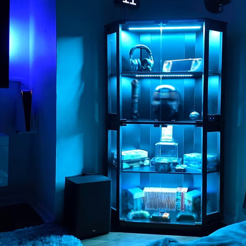 BROTTAR Glass Corner Display Case Curio Cabinet Hutch LED Light Collectible Toy gallery