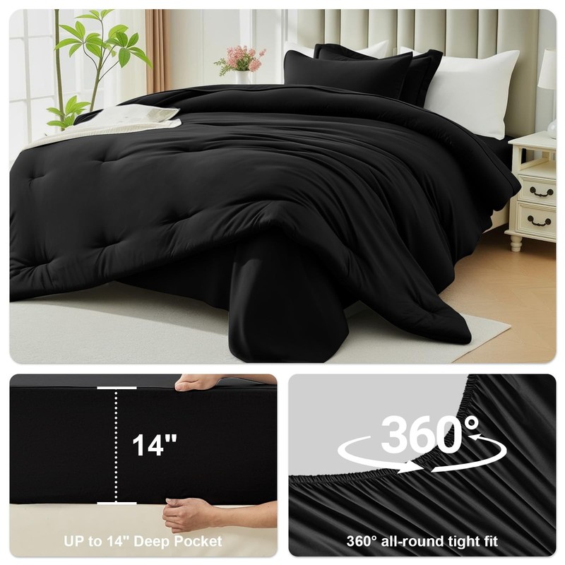 Easthome Queen Comforter Set 7 Piece - Black Soft Bed in a Bag Queen, gallery