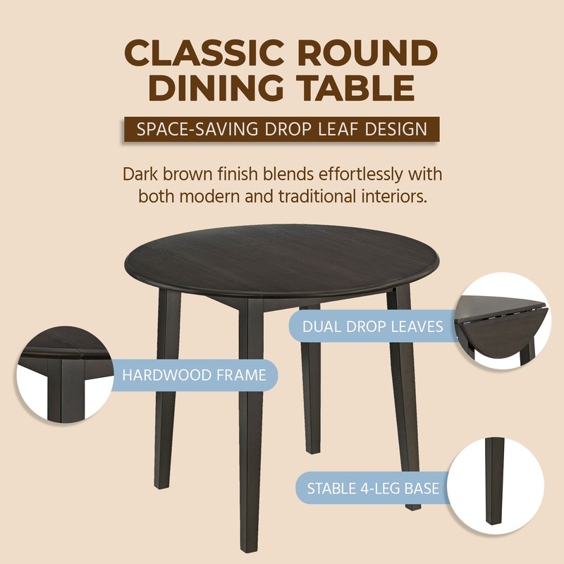 ROME + OAK Hinged Drop Leaf Dining Table, 22 to 36 Inch Round Tabletop, Brown gallery