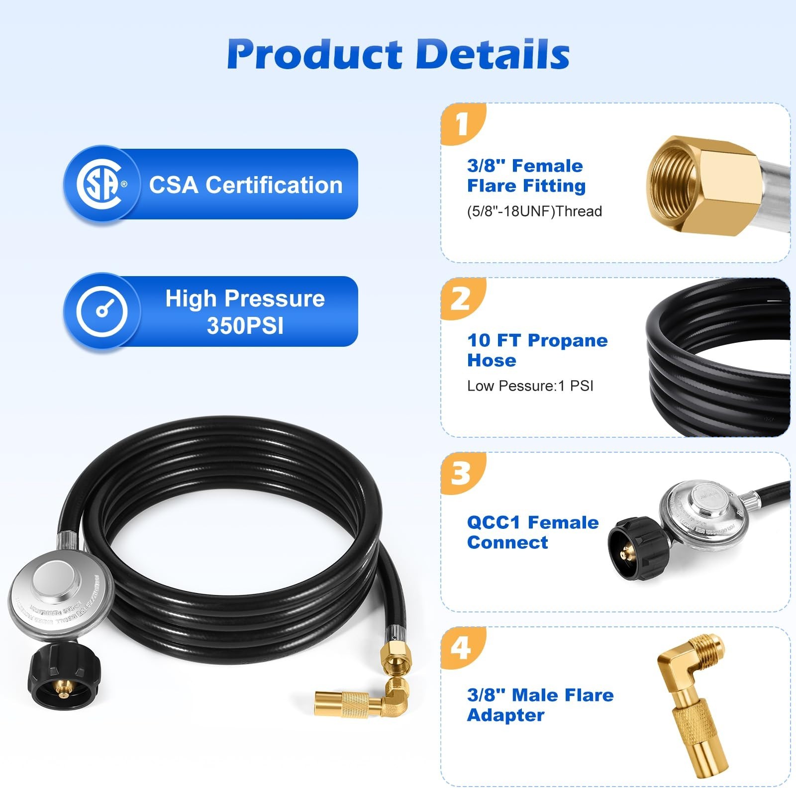 10FT Propane Regulator & Hose for 20lb Propane Tank with Elbow Adapter Durable gallery