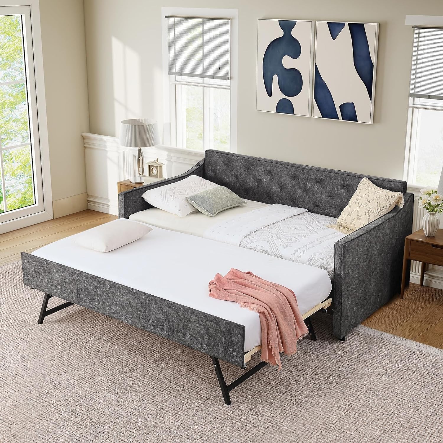 Twin Daybed with Pull Out Bed & USB Charging, Upholstered Daybed for Small Space gallery
