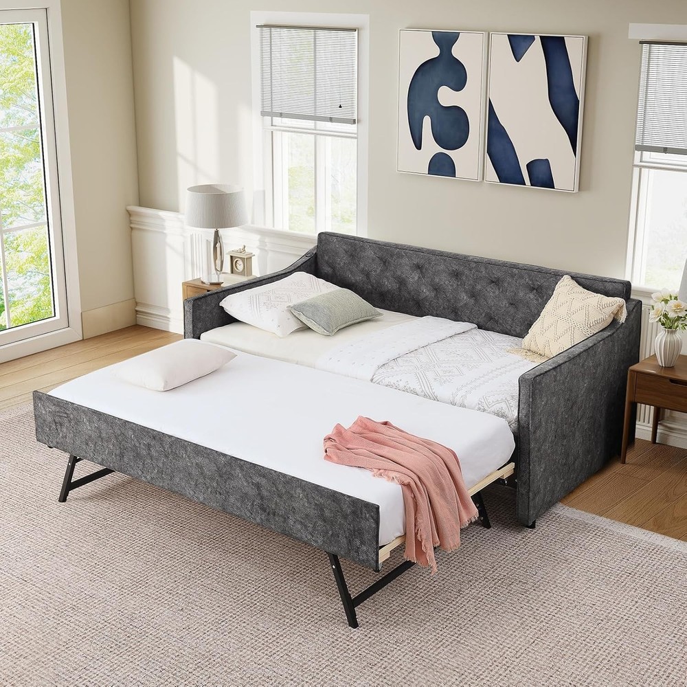 Twin Daybed with Pull Out Bed & USB Charging, Upholstered Daybed for Small Space