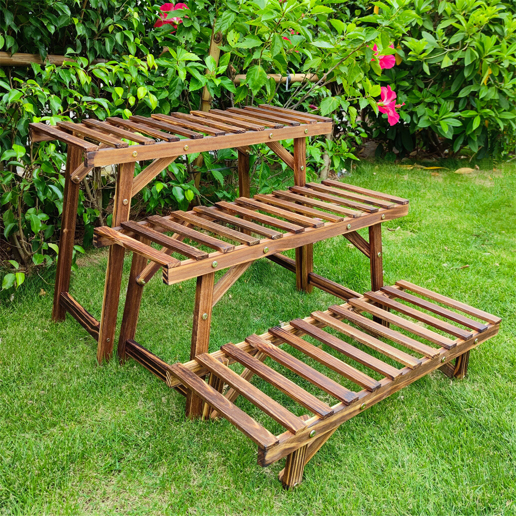 Large 3 Tier Step Plant Stand Wood Ladder Shelf Garden for Patio Indoor Outdoor gallery