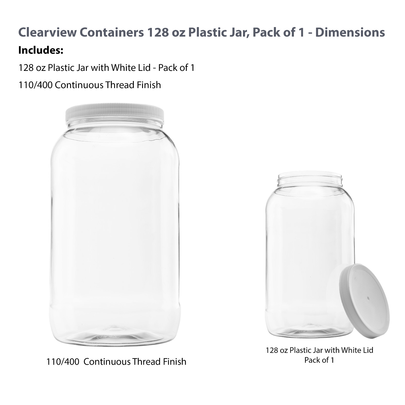 Clearview - 1 Pack - 128oz, 1 Gallon Plastic Jar w/ 110-400 White Leakproof Lid gallery