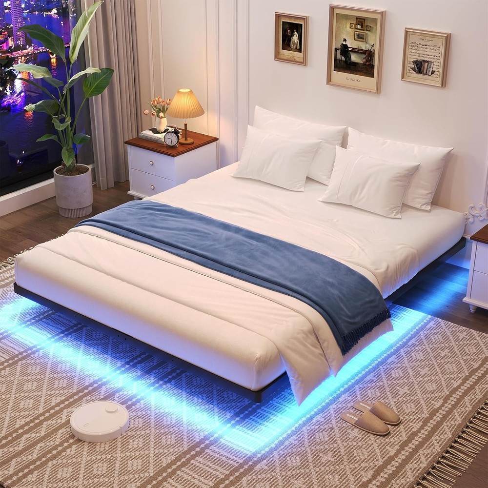 Floating Bed Frame Queen Size Queen Bed Frame W/ Smart LED Lights Heavy Duty
