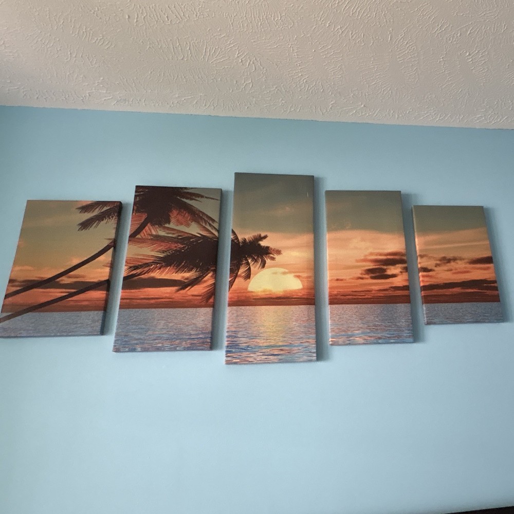 5-Panel Multi-Part Canvas Print Beach Ocean Palm Tree Sunset Seascape Wall Art