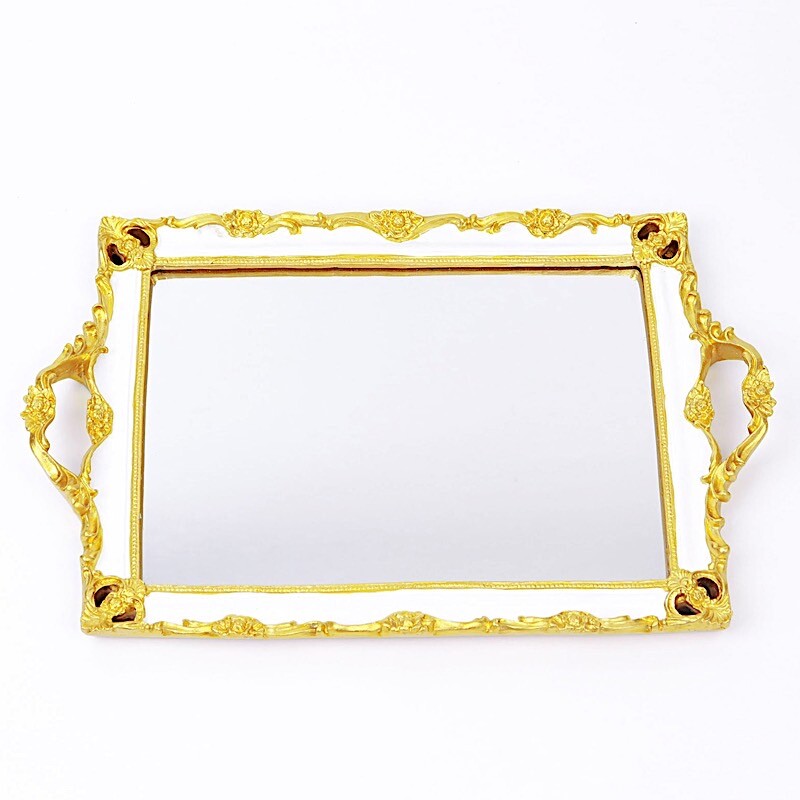 15"x10" Metallic WHITE GOLD Rectangular Mirror SERVING TRAY Handles Party gallery