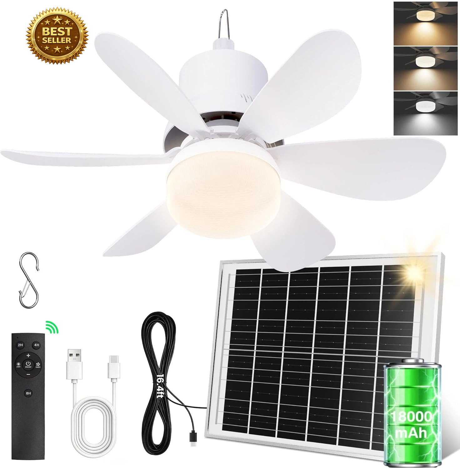 Solar Ceiling Fan with Light, 18000Mah Rechargeable Portable Camping Fan with Re gallery