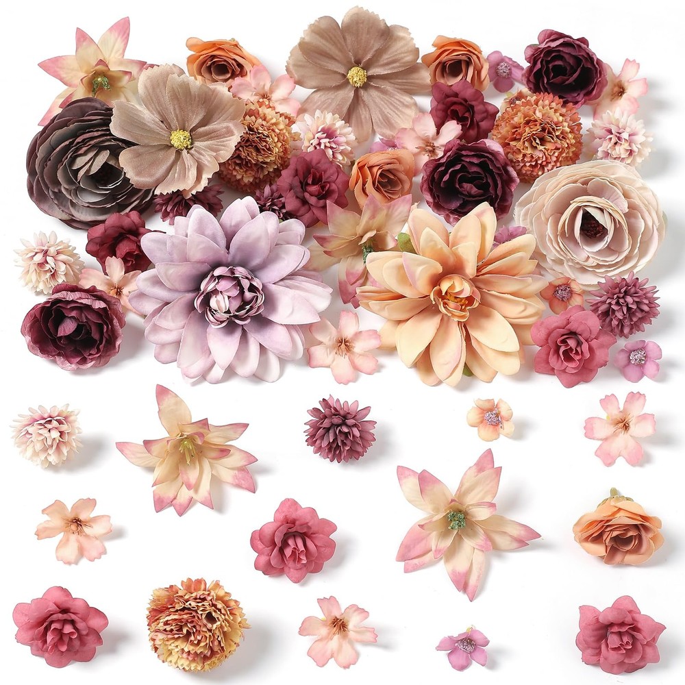 Artificial Flower Heads Combo - Fall Silk Dahlia & Roses Fake Flowers for Wed...
