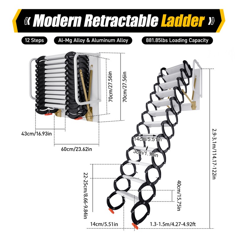 10ft 12 Steps Attic Ladder Folding Loft Ladder Pull Down Attic Stairs Wall Mount gallery