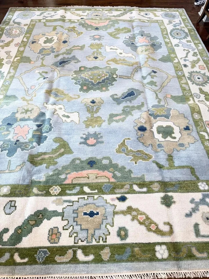 Green Blue Hand Knotted Oushak Rug Turkish Wool Area Rug Living Room Carpet gallery