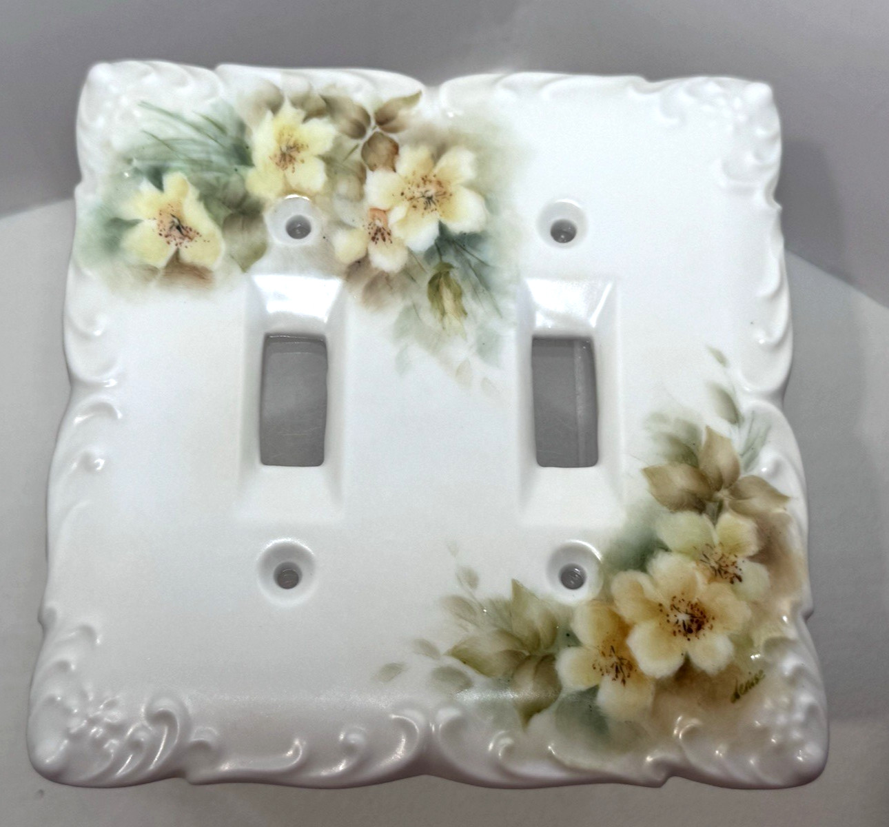 VTG Double Flip Light Switch Cover Ceramic Porcelain Yellow Green & White Signed gallery