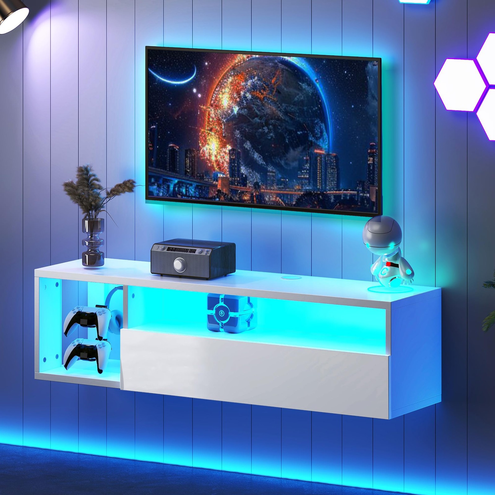 LED Floating TV Stand, 39.3'' Wall-Mounted Media Console for Living Room, White gallery